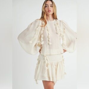 Mable Elegant Floral Appliqué Cream Mini Skirt Set Blouse and Skirt NWOT